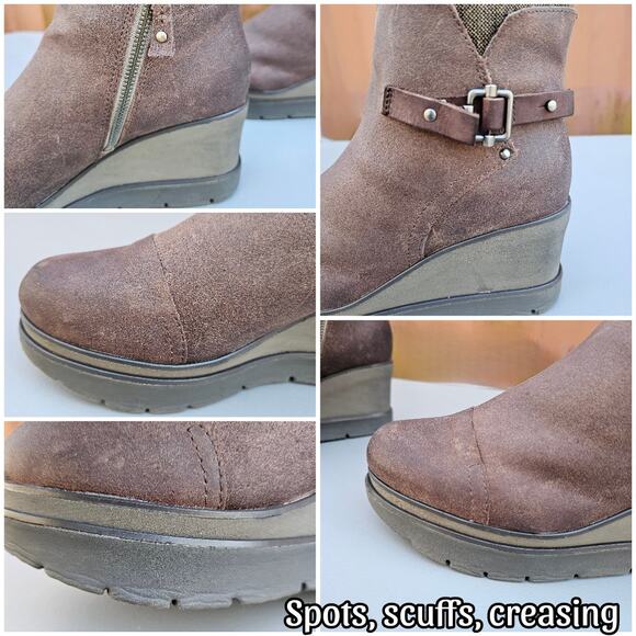 Brown Wedge Boots OTBT Descend Size 10 Distressed Leather Zip Buckle Fuzzy Lined - Picture 9 of 14